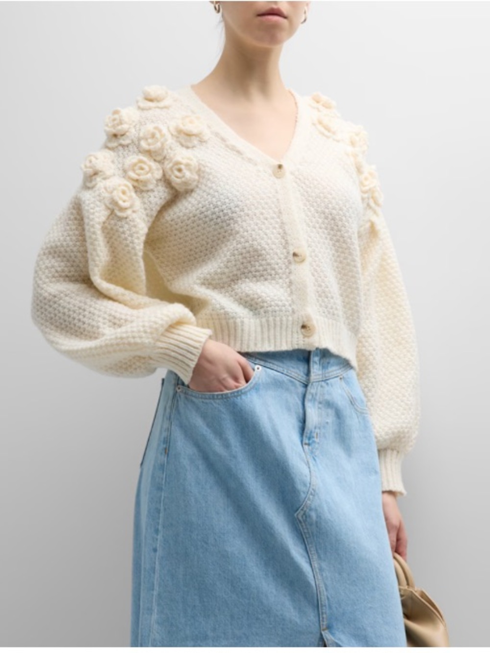 Stellah handmade flower appliqué cardigan sweater in cream